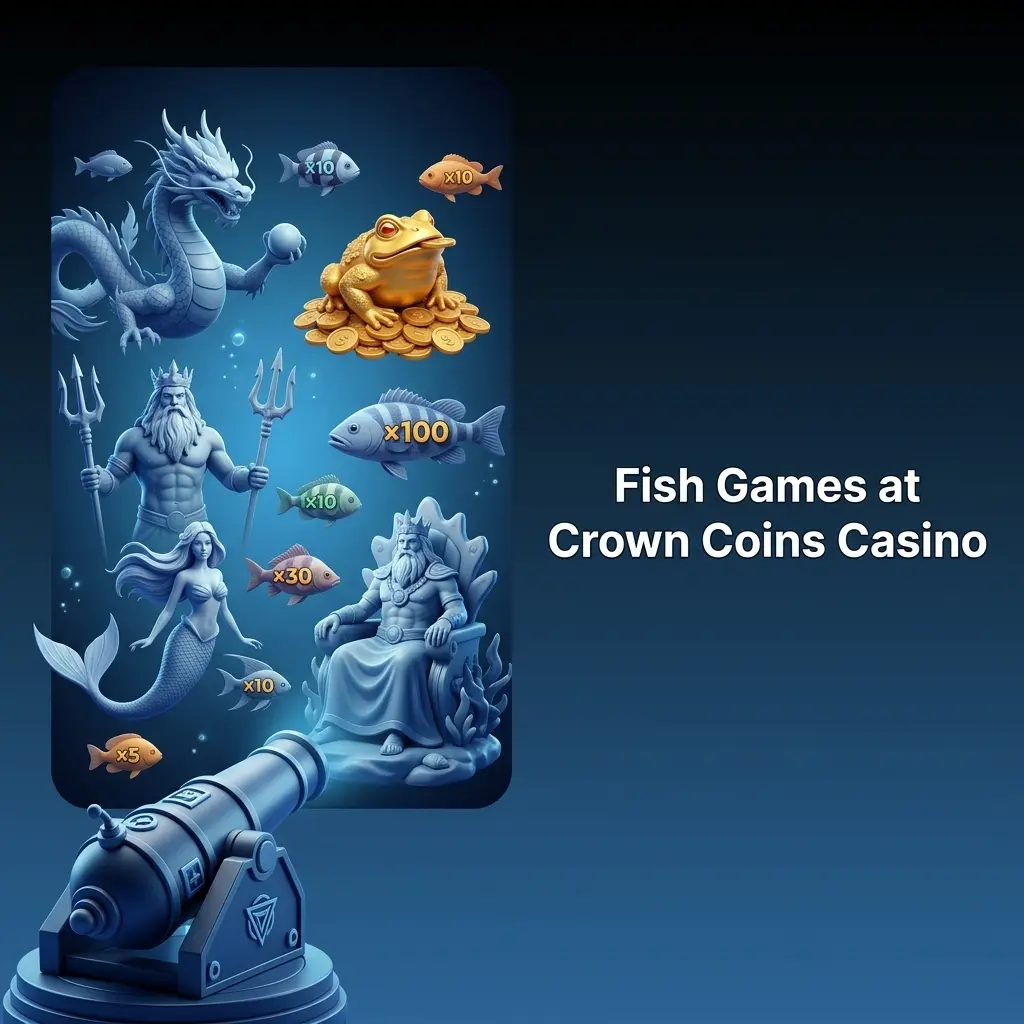 Crown Coins Casino fish games featuring cannon gameplay with colorful underwater species like mermaids, dragons, and ocean kings