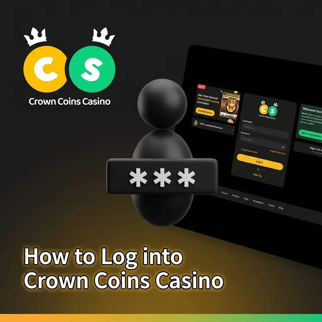 Crown Coins Casino login screen showing email and password fields with a Log In button to access your account dashboard