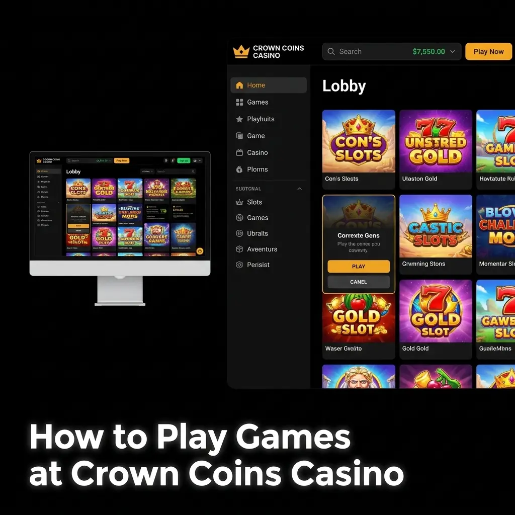 Crown Coins Casino game lobby showing currency mode selection and game library for social and sweepstakes play