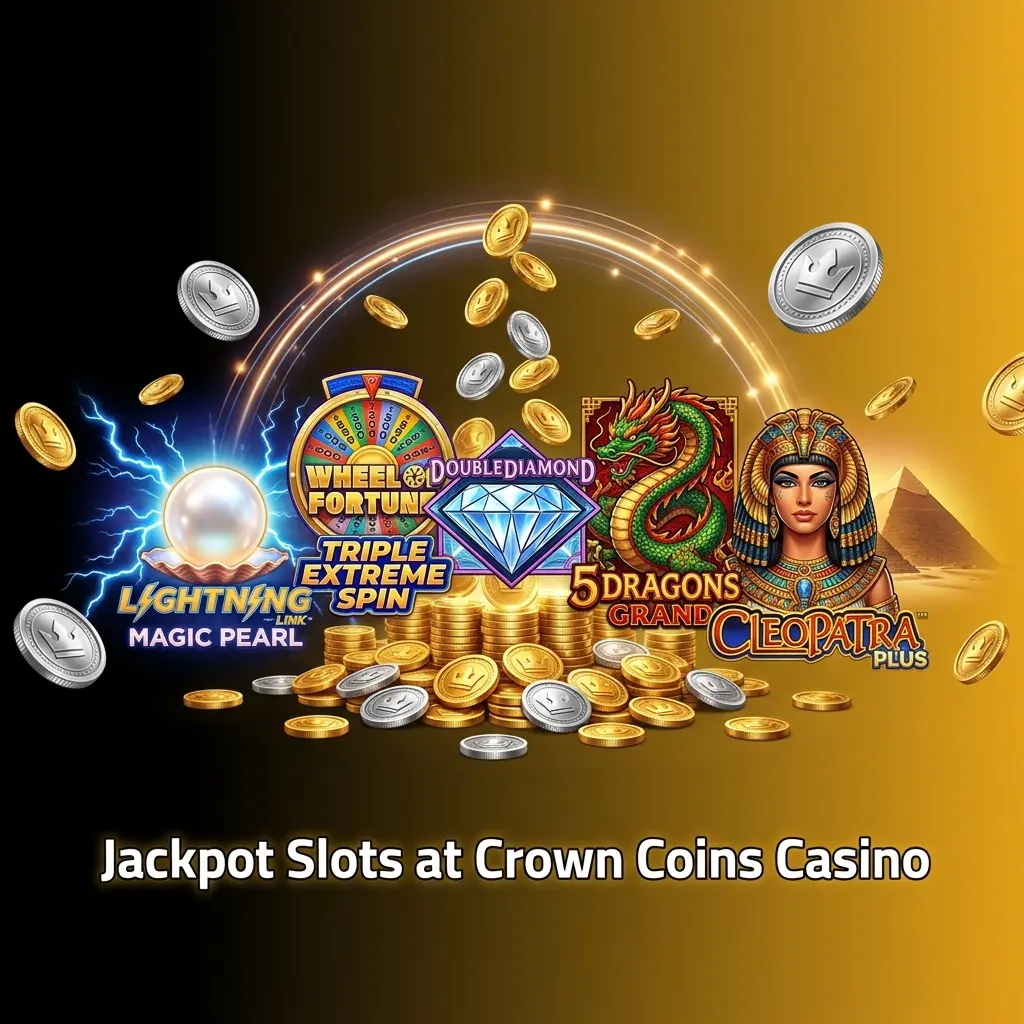 Jackpot slots at Crown Coins Casino including Lightning Link, Wheel of Fortune, and Cleopatra Plus with growing prize pools