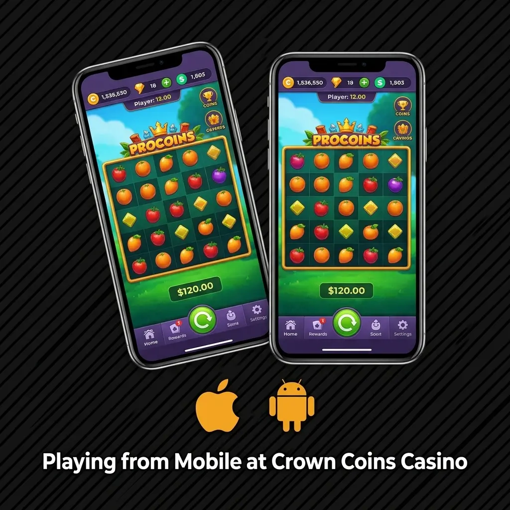 Crown Coins Casino mobile browser gameplay on iOS and Android devices with 700+ games accessible via Safari or Chrome